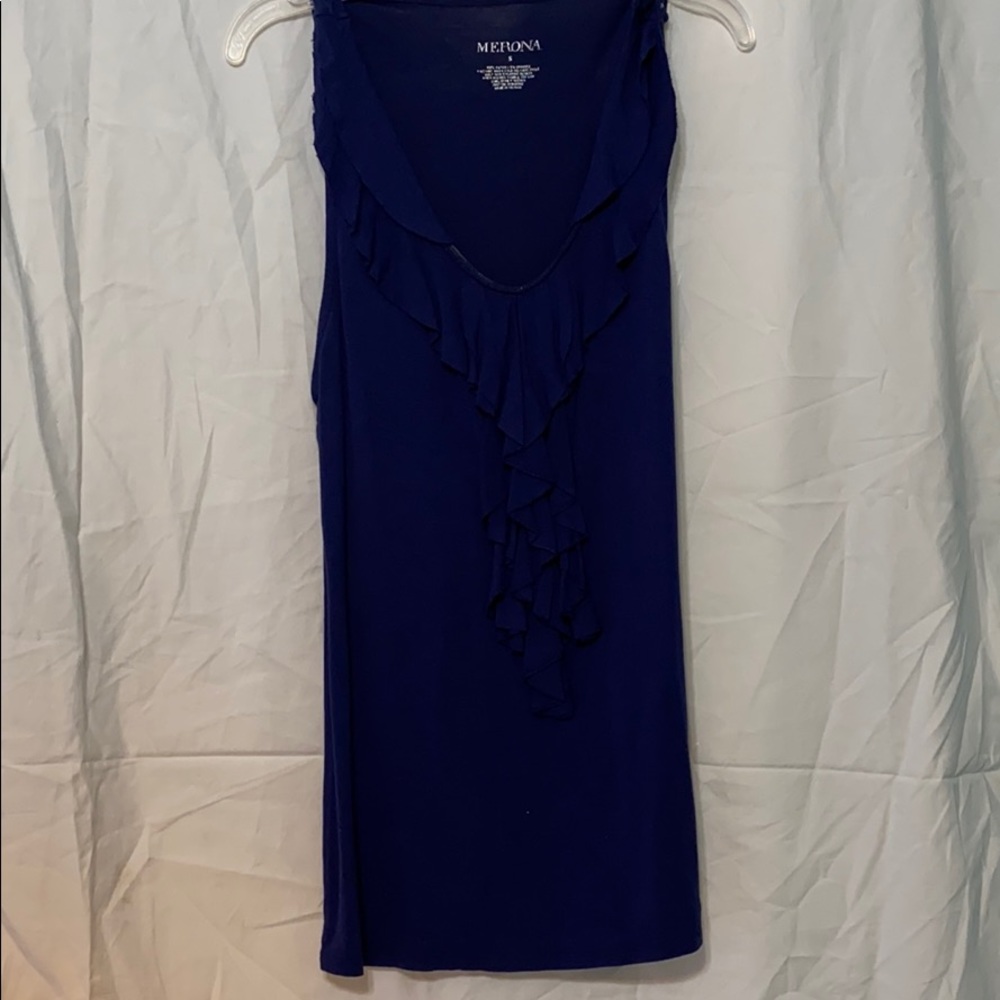 Navy blue ruffle front tank top